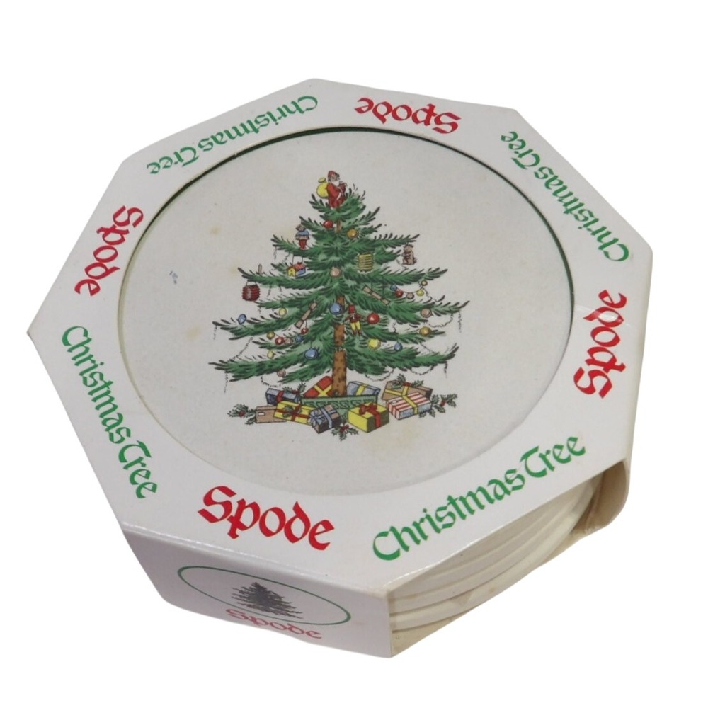 Spode Christmas Tree Cork Backed Coasters Set of 4 in Original Box Holiday Decor